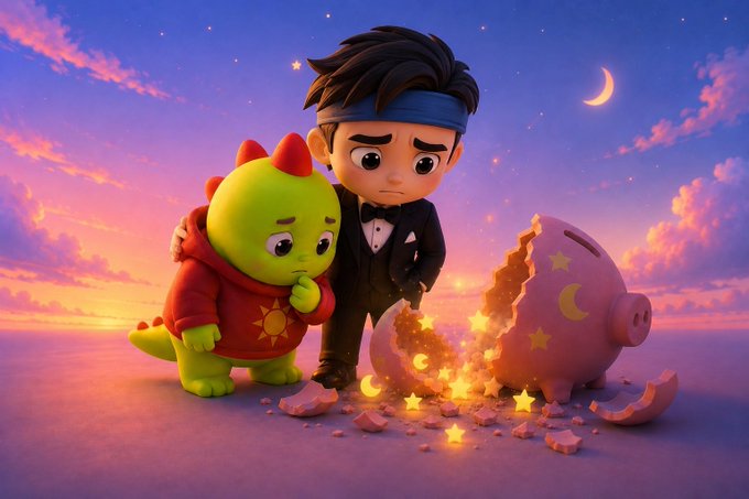 A 3D animated scene of a sad boy in a tuxedo and a green dragon companion comforting each other beside a broken piggy bank spilling glowing star and moon shapes against a sunset sky.