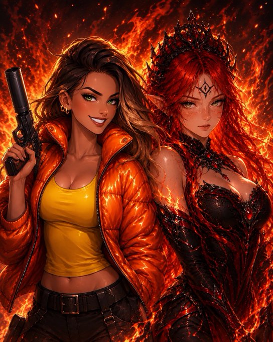 A fantasy digital artwork depicting two female characters against a fiery background: one with brown hair in an orange puffer jacket holding a gun, and a red-haired elf-like queen in dark armor wearing a crown.