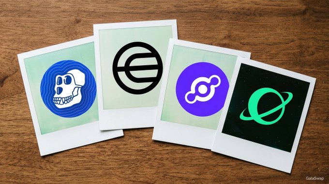Four logo cards representing APE, Worldcoin (WLD), HNT, and NAORIS are fanned out on a wooden surface, visually highlighting the new tokens now tradable on GalaSwap as mentioned in the post.