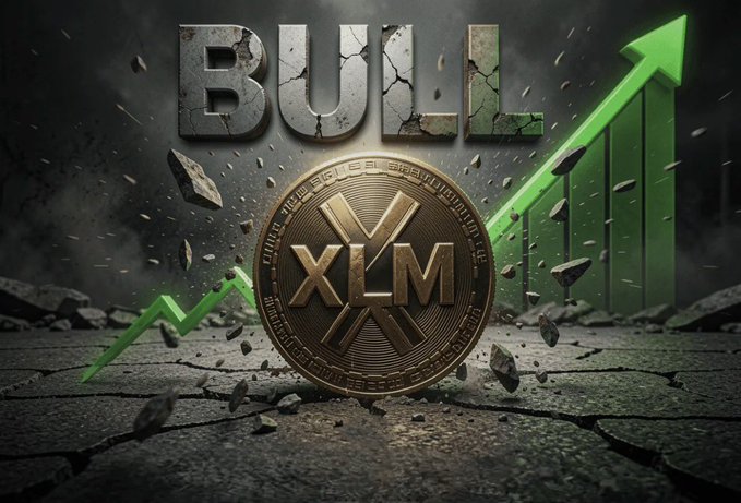 A dramatic graphic displays the word 'BULL' in cracked, stone-like letters above a gold coin featuring the 'XLM' ticker (Stellar Lumens), with a glowing green upward arrow piercing through the dark background.
