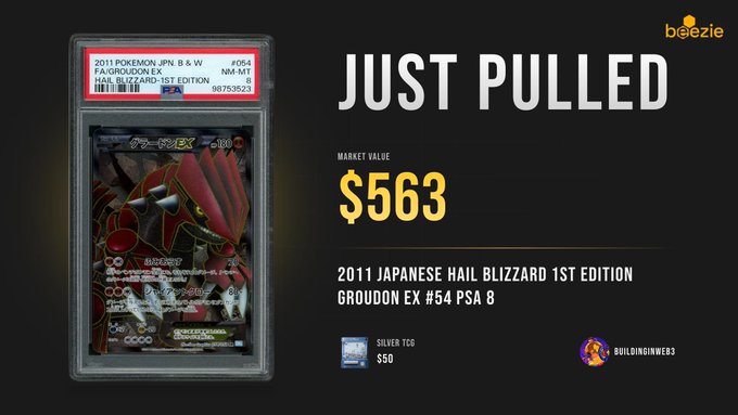 A promotional graphic from Bigeezie showing a PSA 8 graded 2011 Pokemon Japanese Hail Blizzard 1st Edition Groudon EX card with a market value of $563.