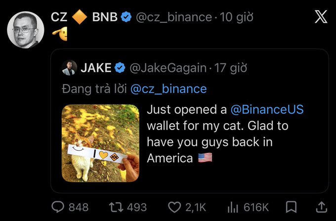 CZ reshared Jake's post about opening a BinanceUS wallet for his cat, celebrating Binance's return to America. The tweet has garnered significant engagement with 848 replies, 493 reposts, 2.1K likes, and 616K views, highlighting CZ's influential reach within the crypto community and potentially boosting memecoin projects tied to his engagement.