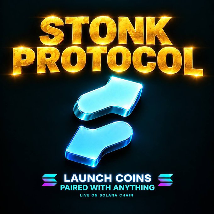 A promotional graphic features bold golden text reading 'STONK PROTOCOL' above glowing blue arrow-shaped objects, with the tagline 'LAUNCH COINS PAIRED WITH ANYTHING' and 'LIVE ON SOLANA CHAIN'.