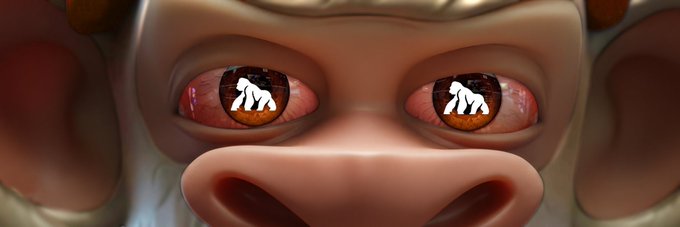 A close-up 3D rendered image of a cartoon face with red eyes reflecting silhouettes of crawling figures.