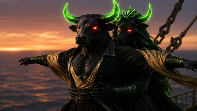 A dark fantasy AI-generated image shows a Black Bull with glowing green horns embracing a Black Queen with a spiked crown and red glowing eyes, arms outstretched against a sunset seascape—directly illustrating the $ANSEMWIFE and "The Black Bull" characters being promoted in the Black Queen Contest announcement.