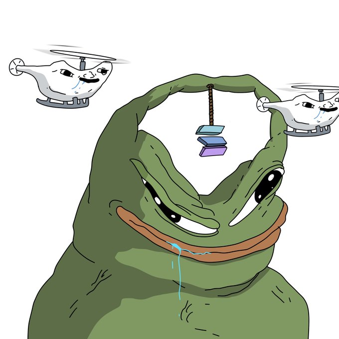 A digital illustration of Pepe the Frog with a stern expression and drool coming from his mouth, flanked by two anthropomorphic teapots flying like helicopters, with a stack of items hanging from a rope above him.