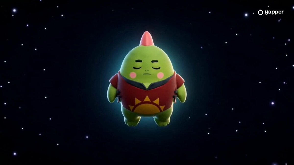 The image features a green cartoon character with a red shirt that has a pink star on its chest. This character appears to be floating in space, possibly in a game or animated movie setting. The character's position and the fact that they are floating suggest that they might be experiencing a sense of weightlessness or levitating. The character is also described as being asleep with their eyes closed, which could indicate that they are resting or taking a break from their activities.