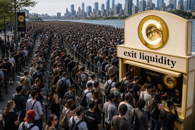A massive crowd lines up along a waterfront with a city skyline in the background, funneling into a small booth labeled "exit liquidity" featuring a large gold "C" logo. The image satirizes retail investors rushing into a trade as exit liquidity for early holders, contrasting with the post's advice to simply "buy $CATE."