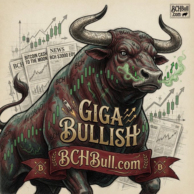 The image features a large bull with horns, standing against a background of graphs and charts that represent stock market trends. The bull's face has been drawn in red and green colors, giving it a unique appearance. The text "Bullish? We're Giga Bullish" is written above the bull, which seems to be a reference to the bull's bullish attitude or bullishness.

The image also includes a banner that reads "BCCHbull.com". This suggests that the bull might be associated with a website or platform related to investing in the stock market or bullfighting.