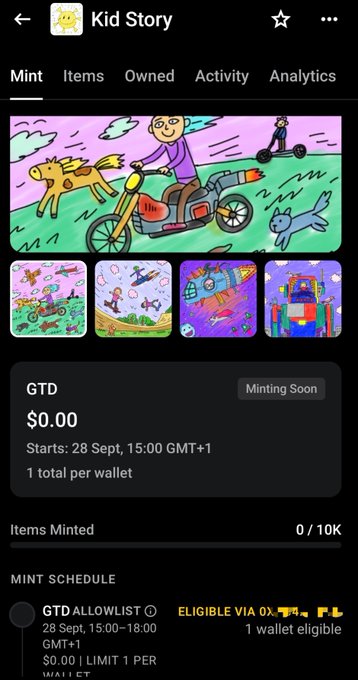 Screenshot of a 'Kid Story' NFT minting page showing colorful artwork and a GTD mint starting 28 Sept, 15:00 GMT+1 with 1 wallet eligible.