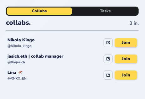 A mobile app interface showing a 'collabs.' tab with three entries—Nikola Kingo (@Nikola_kingo), jasich.eth | collab manager (@thejasich), and Lina (@XNXX_EN)—each with a yellow 'Join' button.
