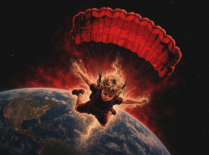 A dramatic digital illustration depicts a blonde-haired figure skydiving over Earth with a glowing red parachute, surrounded by fiery energy effects against a starry space backdrop.