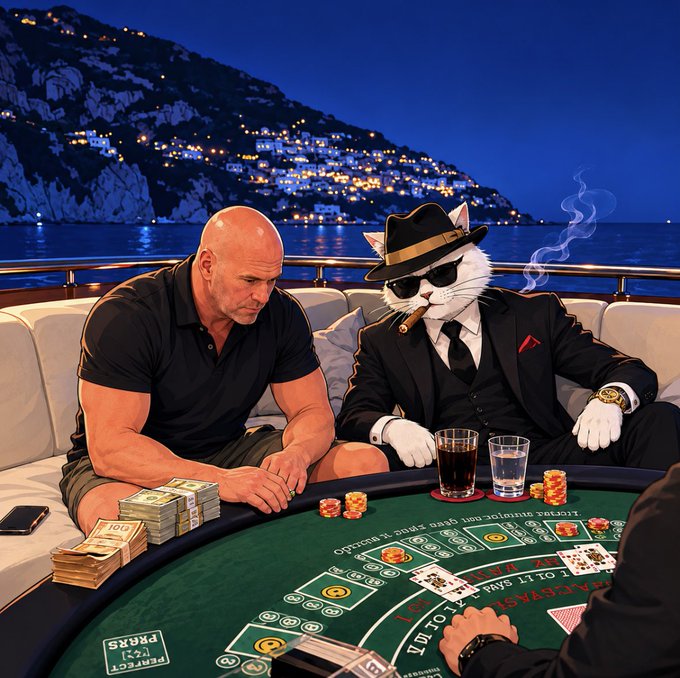AI-generated image of a muscular bald man sitting at a casino table across from a cat in a black suit, fedora, and sunglasses smoking a cigar, with a coastline and hillside city at dusk in the background.