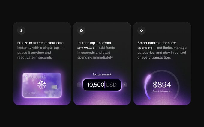 Three dark-themed app feature cards with purple accents: 'Freeze or unfreeze your card instantly' (sucard.), 'Instant top-ups from any wallet' showing 10,500 USD, and 'Smart controls for safer spending' showing $894 spent this month.