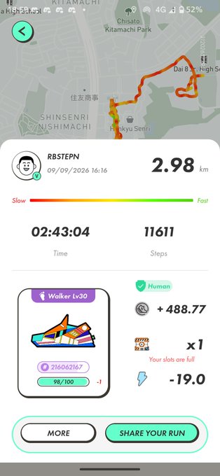 A screenshot of the STEPN fitness app showing a completed walking run in Kitamachi, covering 2.98 km in 2:43:04 with 11,611 steps. The post references "第2週3日目分♪ #STEPN #STEPNEMBER5," indicating this is a share of the third day's run for the second week of STEPNEMBER, with the user's account R8STEPN earning +488.77 GST (alongside a -19.0 energy deduction) from their Walker Lv30 sneaker.