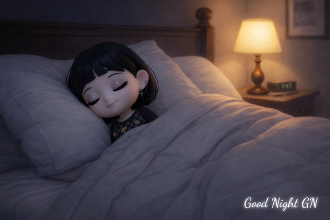 The image features a cartoon girl sleeping on a bed with white sheets. The caption of the image reads "Good night Gn", which seems to be related to a social media post or message about goodnight messages, possibly for a token deployment on the tempo blockchain.
