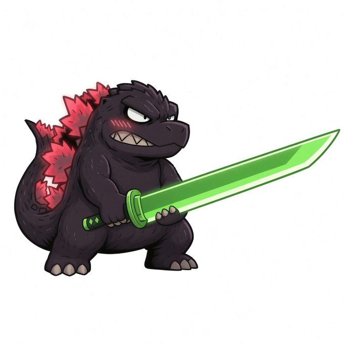 A cartoon Godzilla-like creature triumphantly wields a glowing green katana, channeling the "Shin Godzilla" meme's iconic "are we so back?" energy to match the bullish sentiment implied by the $GMMM ticker. The chibi-style kaiju, with its signature red dorsal fins and determined grin, serves as a playful symbol of a strong crypto comeback.