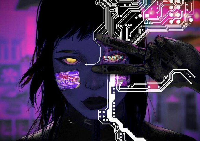 The image features an illustration of a woman with a face painted in purple and yellow colors, wearing black gloves and holding up her hands over her eyes as if she's looking through them. The background includes a cityscape with buildings and neon lights, suggesting that this scene takes place in a bustling urban environment. The caption above the image reads "Seeing major platforms like kraken rely on Pyth Pro infrastructure to power legacy assets like $WTIOIL futures shows exactly why a single, reliable api for crypto and global commodities is becoming mandatory."
