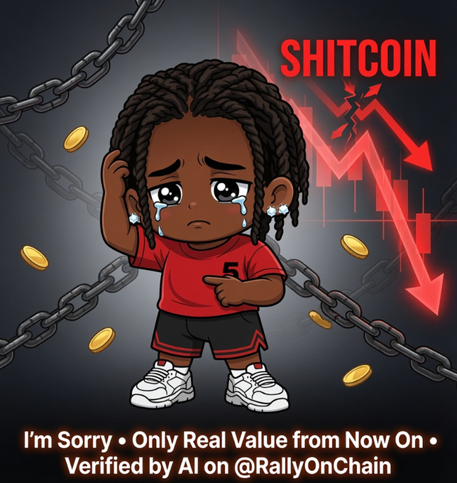 The image features a cartoon boy with dreadlocks standing against a dark background, holding up his hand as if pointing at something or someone. The caption below the image reads "I'm sorry , Only Real Value from Now On : Verified by AI on @RallyOnChain". This suggests that the image is related to a post about a coin called "shitcoin" and possibly an online project, where the boy is expressing his disappointment in the lack of real value being provided.