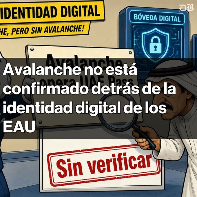 An illustrated graphic about digital identity with Spanish text reading 'Avalanche no está confirmado detrás de la identidad digital de los EAU' and a red 'Sin verificar' stamp.