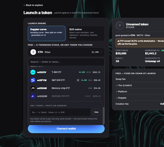 A screenshot of a 'Launch a token' interface showing options for 'Doppler curve' and 'B20 native' launch engines, with ETH paired against tokenized stocks like wt$GOOV (T-Bill ETF), wt$SPYM (S&P 500 ETF), wt$DRAM (Memory-chip ETF), and wt$QQQM (NASDAQ 100 ETF).