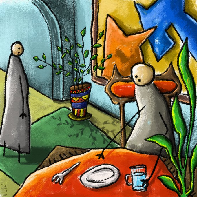 A colorful illustration signed "MIA" depicting two stylized gray figures in a whimsical interior scene with a potted plant, abstract artwork, and a table with a plate, fork, and a mug of blue drink.