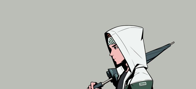 A 2D animated character with pale skin and dark hair, wearing a white hooded garment, is shown in profile holding an umbrella over their shoulder against a plain gray background.