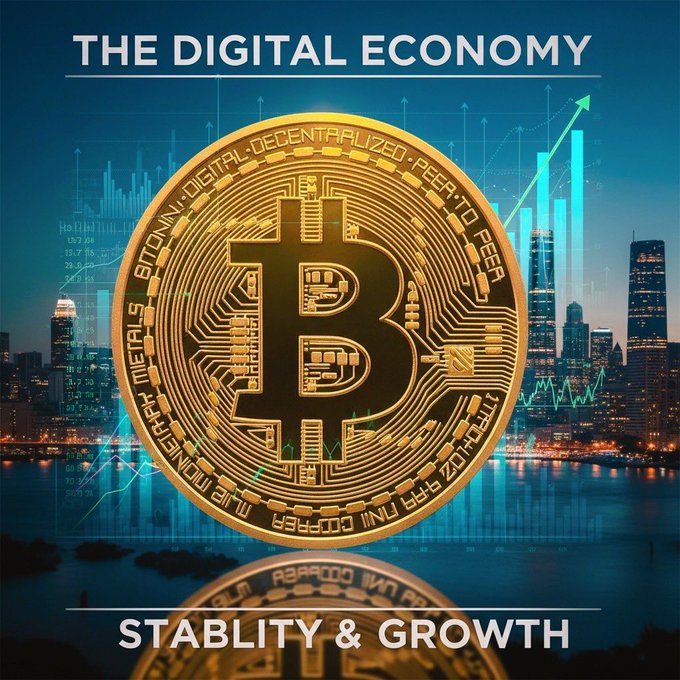 Promotional graphic titled 'THE DIGITAL ECONOMY - STABLTY & GROWTH' featuring a large Bitcoin coin overlaid on a cityscape with financial charts.