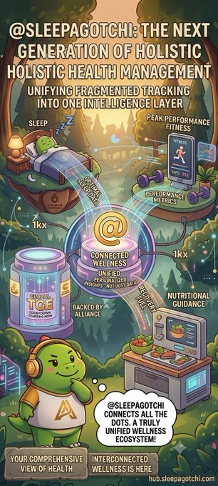 A colorful promotional graphic for '@SLEEPAGOTCHI' describing it as 'THE NEXT GENERATION OF HOLISTIC HEALTH MANAGEMENT' featuring a cartoon green turtle character with various interconnected wellness features like sleep tracking, fitness, and nutritional guidance.