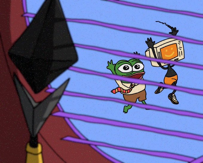 The image features a cartoon frog with a green head, wearing a red scarf around its neck, standing next to a computer monitor that has an orange face. The frog appears to be waving at the viewer while the computer monitor displays a smiley face. The background of the image is blue and purple striped, adding depth and complexity to the scene. The caption "G $BNKR mfers" suggests that this cartoon might have been created by someone named G BNKR or has some connection with them.