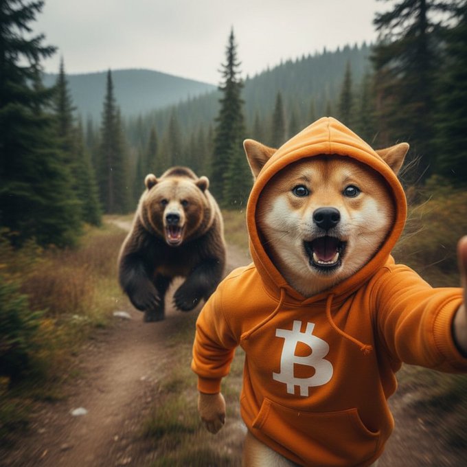 An AI-generated image of a Shiba Inu dog wearing an orange hoodie with a Bitcoin "B" symbol on it, running away from a chasing brown bear on a dirt path through a forest.