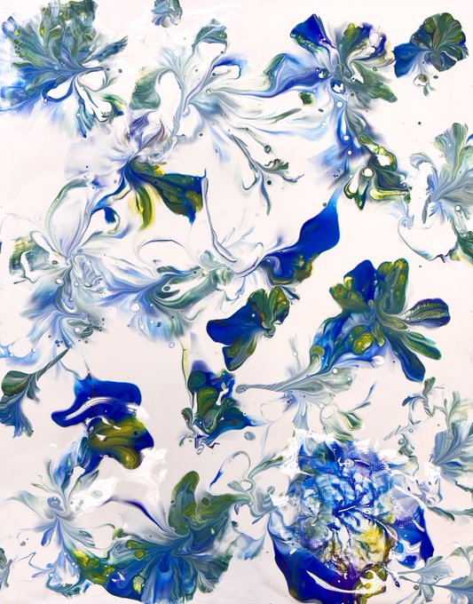 Abstract fluid art featuring swirling patterns of blue, green, and white paint on a light background.