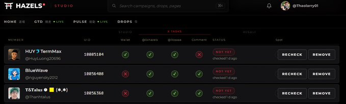 Screenshot of the Hazels Studio NFT platform interface showing a 'DROPS' page with member entries including 'HUY ♕ TermMax' (@HuyLuong20906, UID 18005104), 'BlueWave' (@nguyenvisky2012, UID 18056408), and 'T&Taius' (@thientaixus, UID 18056368), all marked with 'NOT YET' status.