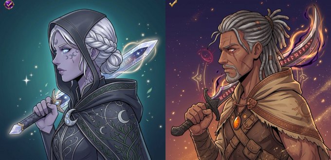 A side-by-side digital illustration of two fantasy RPG characters: a pale elf woman in a hooded robe holding a crystalline dagger, and a dark-skinned warrior with white dreadlocks wielding a flaming blade.