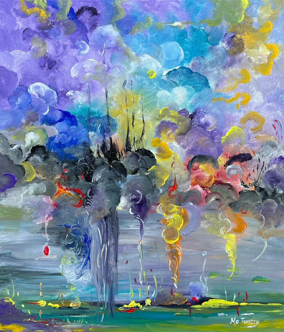 An abstract painting by Na Tuncay featuring vibrant purples, blues, yellows, and swirling forms with dark vertical elements rising like trees above a watery landscape.