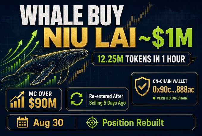 A graphic announcing 'WHALE BUY NIU LAI ~$1M' with '12.25M TOKENS IN 1 HOUR', 'MC OVER $90M', and a wallet address starting with '0x90c...888ac' on Aug 30.