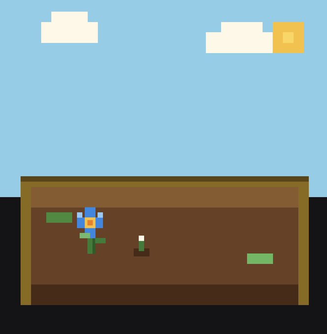 A pixel-art garden scene with a blue flower, green sprouts, and a sun behind a brown planter, celebrating hitting 100 subscribers with a shoutout to PixelGardensNFT.