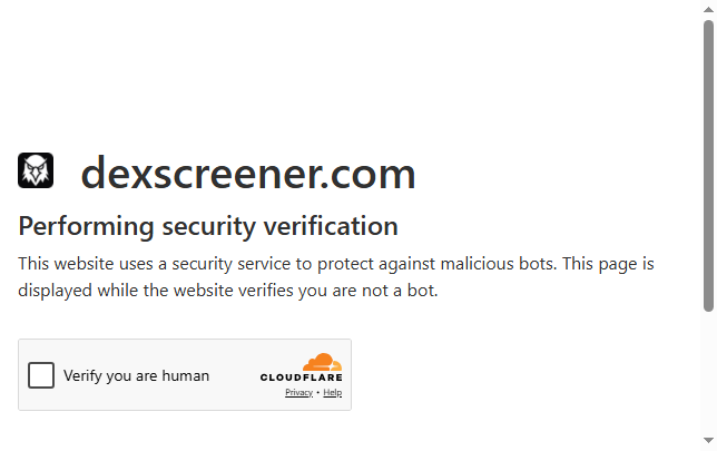 A Cloudflare security verification page for dexscreener.com displays a "Verify you are human" checkbox, requiring users to pass a bot check before accessing the platform, likely to view cryptocurrency market data including the $CATE token mentioned in the giveaway post.