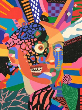 A vibrant, kaleidoscopic abstract portrait featuring two distorted faces rendered in bold geometric patterns and bright colors. The psychedelic artwork complements the post's promotion of the NFT collection "Scattering into the Void 10" on the Tezos ($XTZ) blockchain, with only 2 editions remaining.