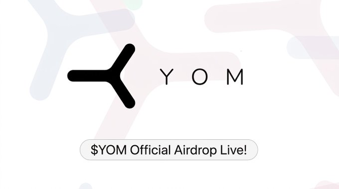 A promotional graphic for the $YOM official airdrop, featuring the YOM logo (a stylized "Y") and a banner reading "$YOM Official Airdrop Live!" against a soft pastel background, designed to attract eligible past $YOM token purchasers to participate.
