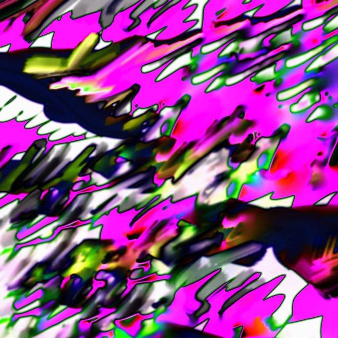 An abstract digital artwork featuring chaotic, swirling patterns of bright pink, green, and dark colors with fluid, distorted shapes.