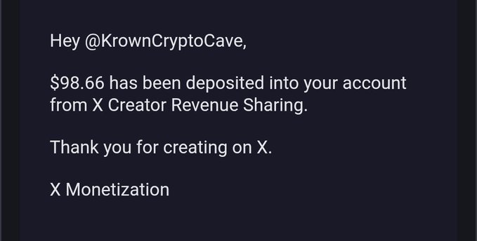 The image shows a notification that "@KrownCryptoCave" received a deposit of "$98.66" from "X Creator Revenue Sharing" for "X Monetization." This directly contradicts the post's exclamation of "YOURE NOT THE BOSS OF ME!!!!!!!1," suggesting a defiance of authority despite receiving payment.