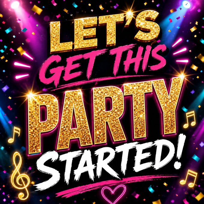 A vibrant party-themed graphic with gold glittery text reading 'LET'S GET THIS PARTY STARTED!' decorated with musical notes, confetti, and a neon heart.
