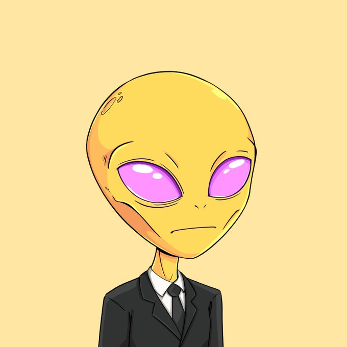 A cartoon illustration of an alien with a large yellow head, purple eyes, and a black business suit against a pale yellow background.