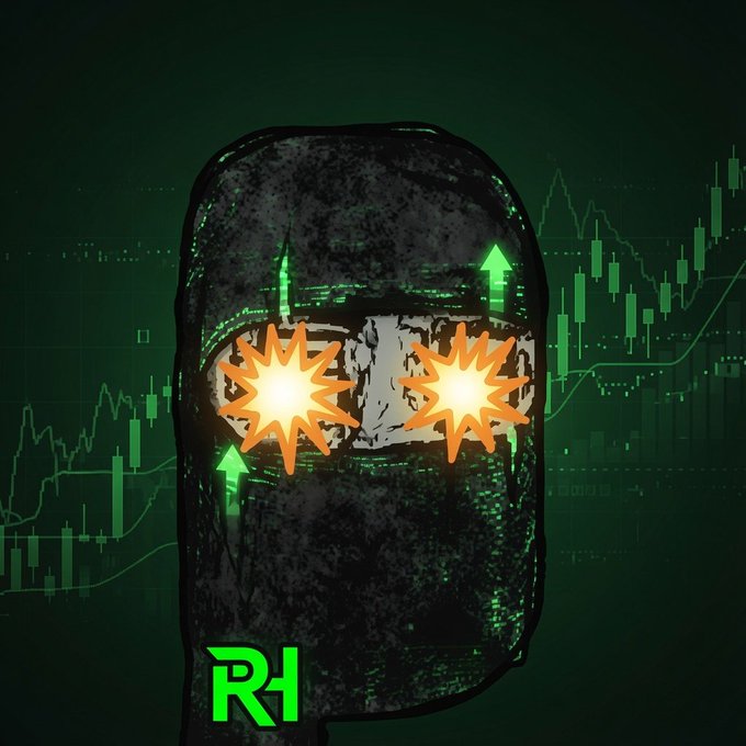 A digital illustration of a black ski mask with glowing orange starburst eyes and three green upward-pointing arrows, set against a green stock market candlestick chart background with an 'R1' logo.