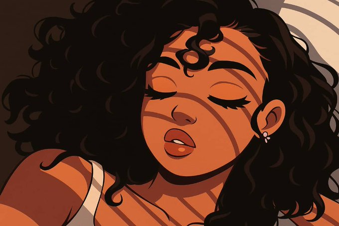 Anime illustration of a woman with curly black hair and closed eyes, with light rays casting shadows across her face in warm orange tones.