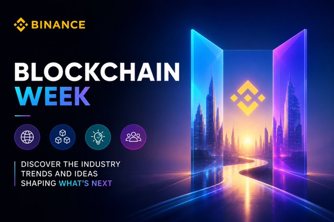 A promotional graphic for 'BINANCE BLOCKCHAIN WEEK' featuring a glowing portal with the Binance logo and tagline 'DISCOVER THE INDUSTRY TRENDS AND IDEAS SHAPING WHAT'S NEXT'.