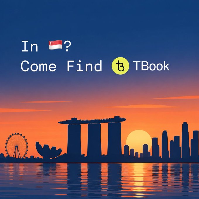 A sunset silhouette of Singapore's iconic skyline—featuring Marina Bay Sands, the Singapore Flyer, and Merlion—accompanies the promotional text "In 🇸🇬? Come Find TBook," tying into the announcement of TBook's participation at TOKEN2049 week and the RWA Capital Forum on October 5.