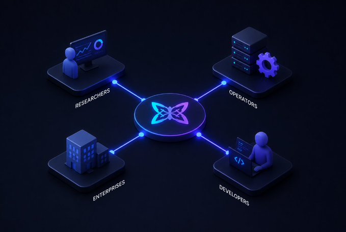 An isometric digital illustration on a dark background showing a central butterfly logo connected to four labeled nodes: RESEARCHERS, OPERATORS, ENTERPRISES, and DEVELOPERS.