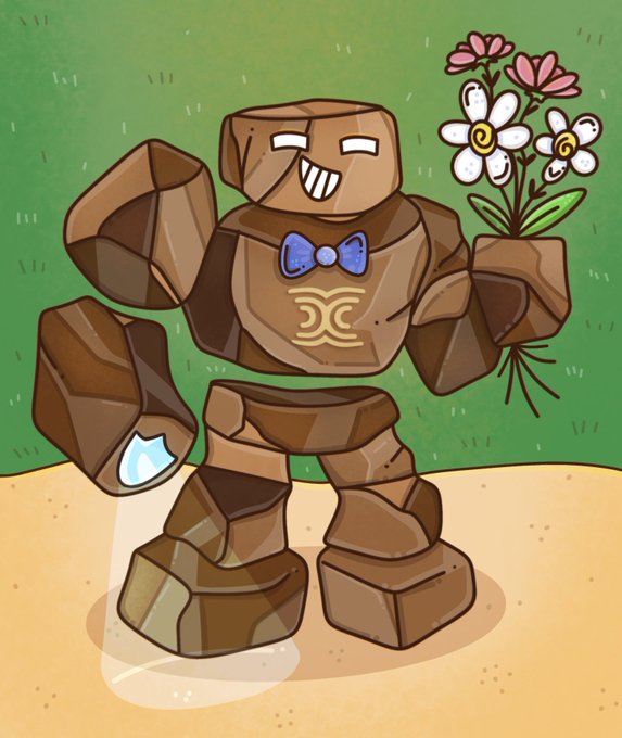 A cartoon illustration shows a smiling brown stone golem wearing a blue bow tie and holding a bouquet of white and pink flowers against a green background.